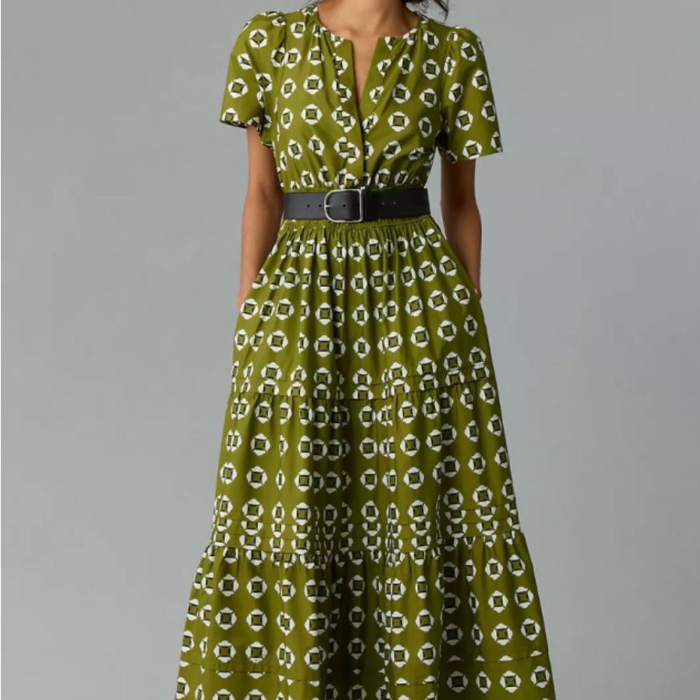 Anthropologie Green Flutter Sleeve Midi Dress